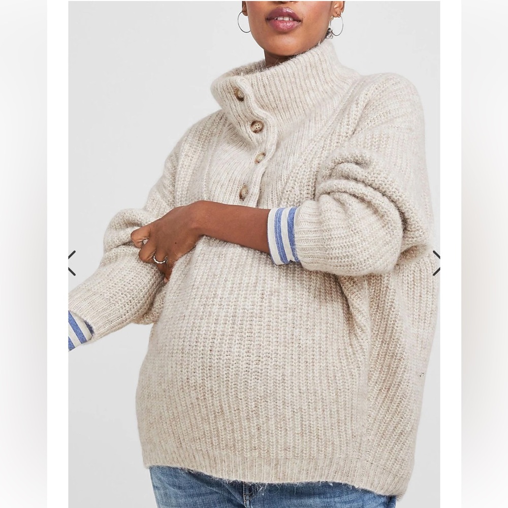 Hatch Cream Ribbed Button-Turtleneck Sweater